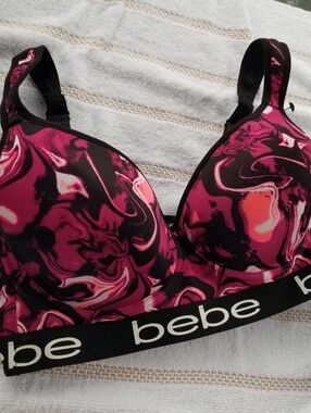bebe Pink Purple & Black Marble-Print Padded Sport Bra